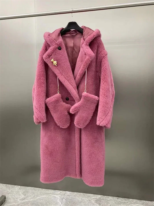 Manteau teddy pour femme à capuche et mitaines assorties, long, rose