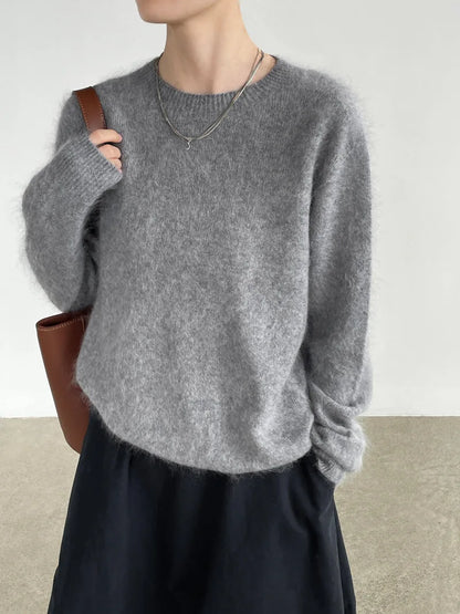 [LANMREM] Dames Fleece Gevoerde Ronde Hals Wollen Gebreide Trui Zachte Pluizige Slim Fit Sfeervolle Pullover Voor Herfst Winter 26E04076