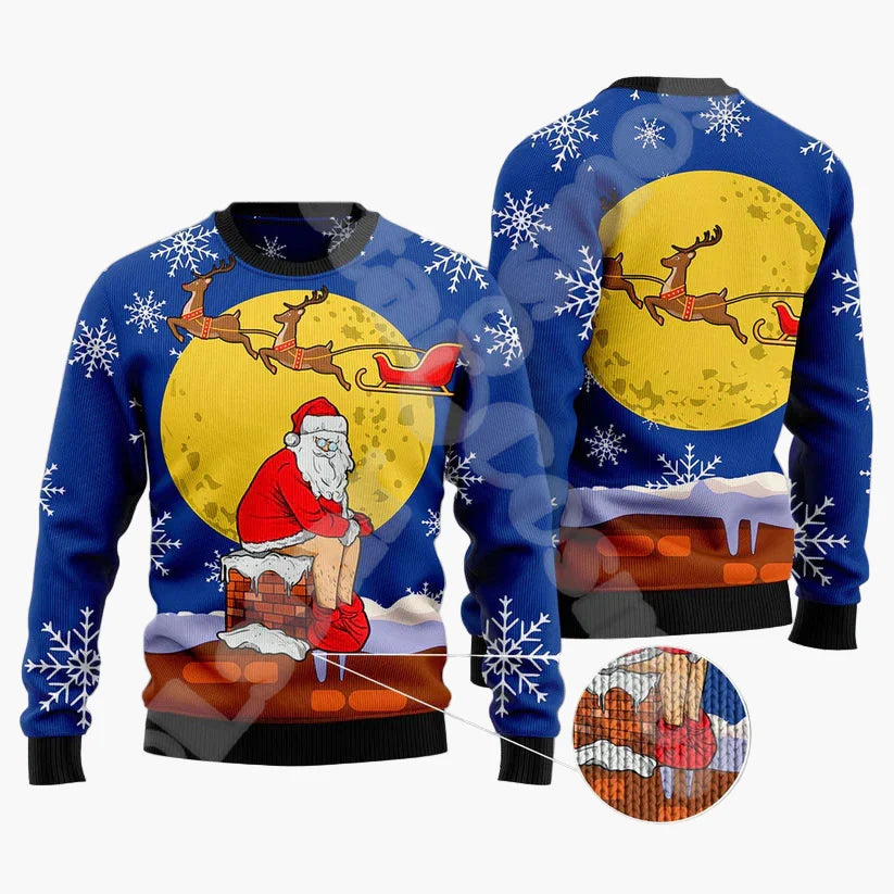 Heren kersttrui grappig kerstman op de schoorsteen – Originele Ugly Christmas Sweater voor feestdagen & feestjes