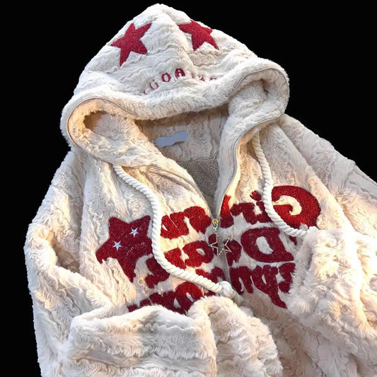 Sudadera con capucha suave y cierre de cremallera para mujer u hombre, con estrellas y texto
