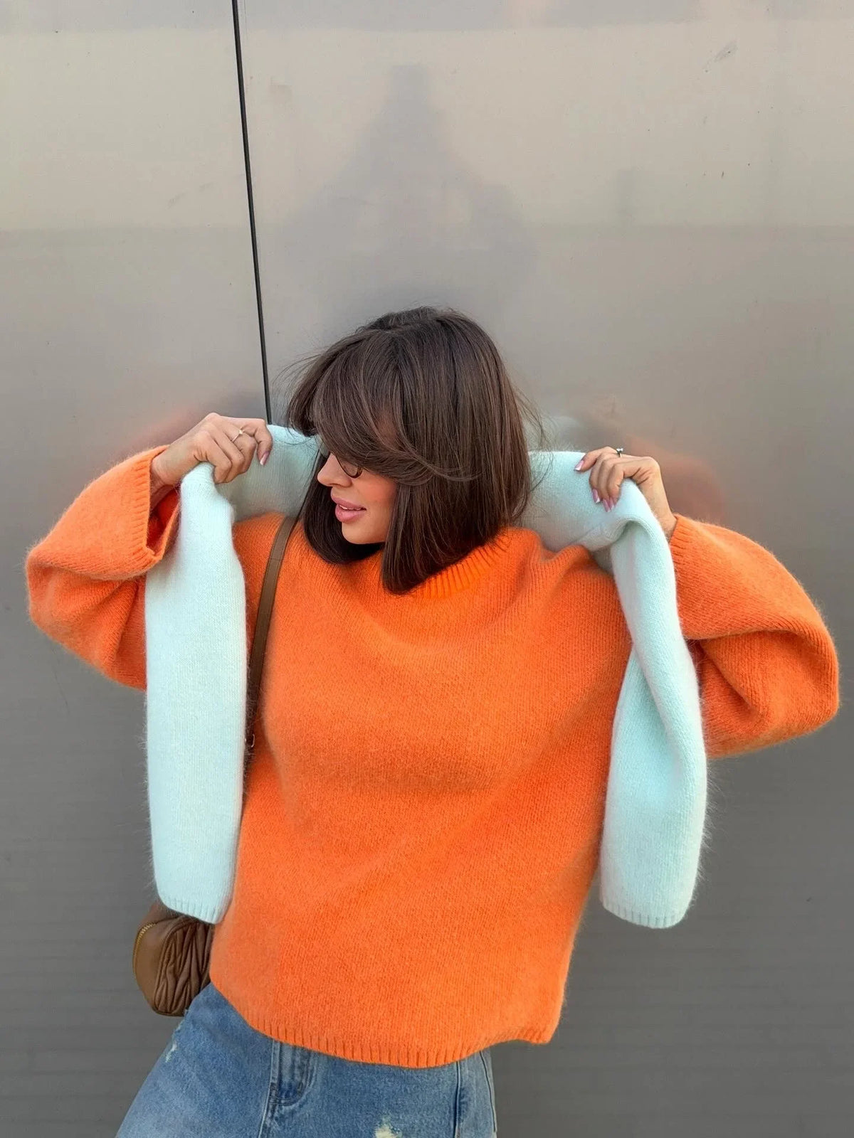 Damen Oversize Pullover Rundhals Weiches Material Mehrfarbig