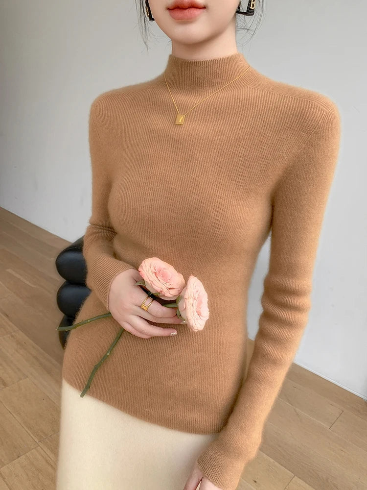 Damen Gerippter Stehkragen Pullover Langarm Weich