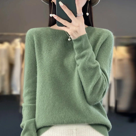 Pull en maille pour femme, col rond, manches longues, matière douce