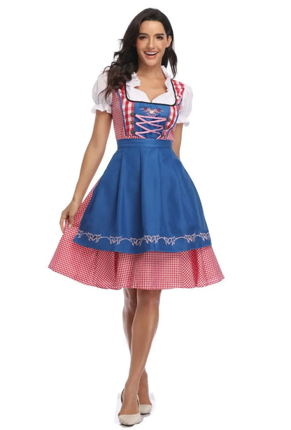 Damen Dirndl Trachtenkleid mit Schürze und Bluse Kariert Spitzenverzierung