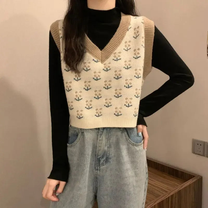 Chaleco de punto para mujer con escote en V y estampado floral & chaleco tipo jersey de manga corta