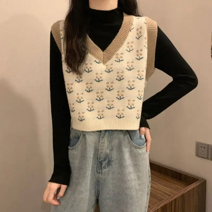 Chaleco de punto para mujer con escote en V y estampado floral & chaleco tipo jersey de manga corta