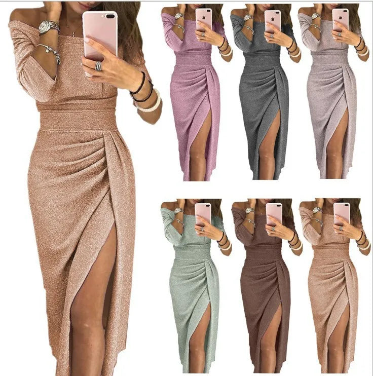 Dame off-shoulder aftenkjole Elegant med høy splitt – Figursydd cocktailkjole for spesielle anledninger