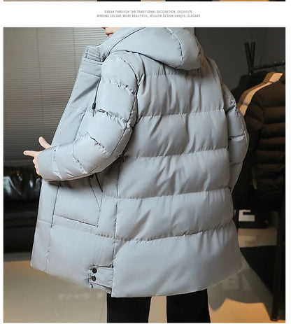 Herren Winter Steppmantel Lang mit Kapuze Olivgrün