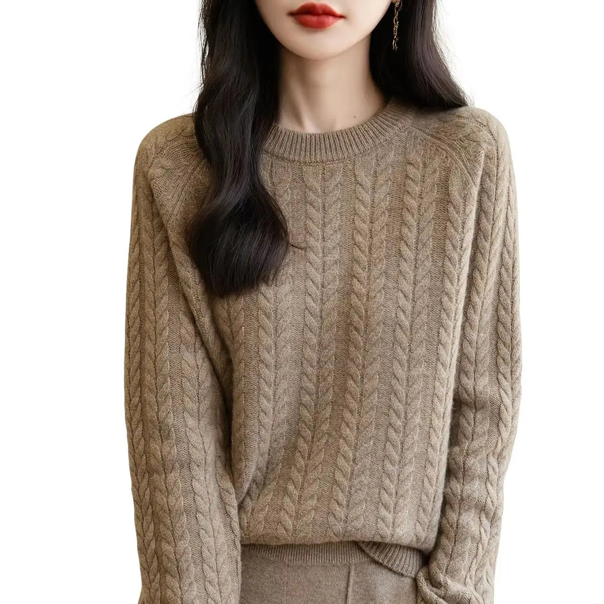 Maglione da donna con motivo a trecce, collo rotondo, maniche lunghe, lavorato a maglia