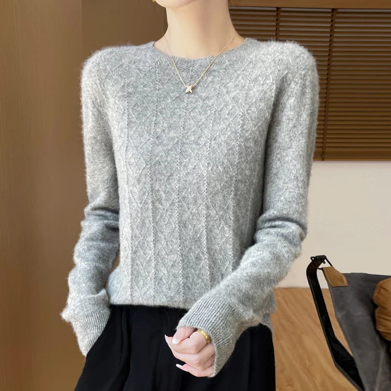 Damen Strickpullover Rundhals mit Rautenmuster Langarm