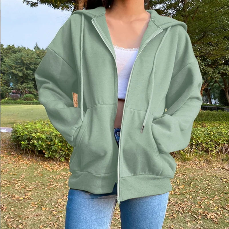 Damska oversize’owa bluza z kapturem i zamkiem, kieszeniami kangurkami, swobodny kardigan