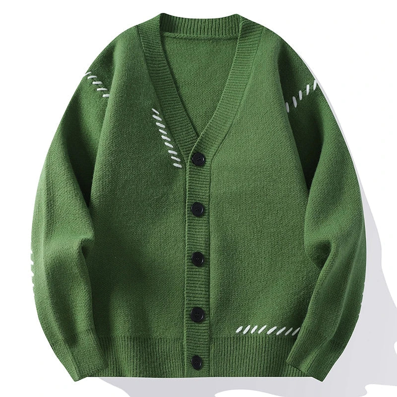 Unisex-strikcardigan med V-hals, knaplukning og dekorativt broderi