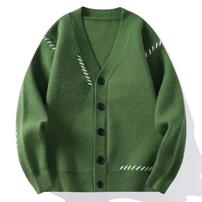 Unisex-strikcardigan med V-hals, knaplukning og dekorativt broderi