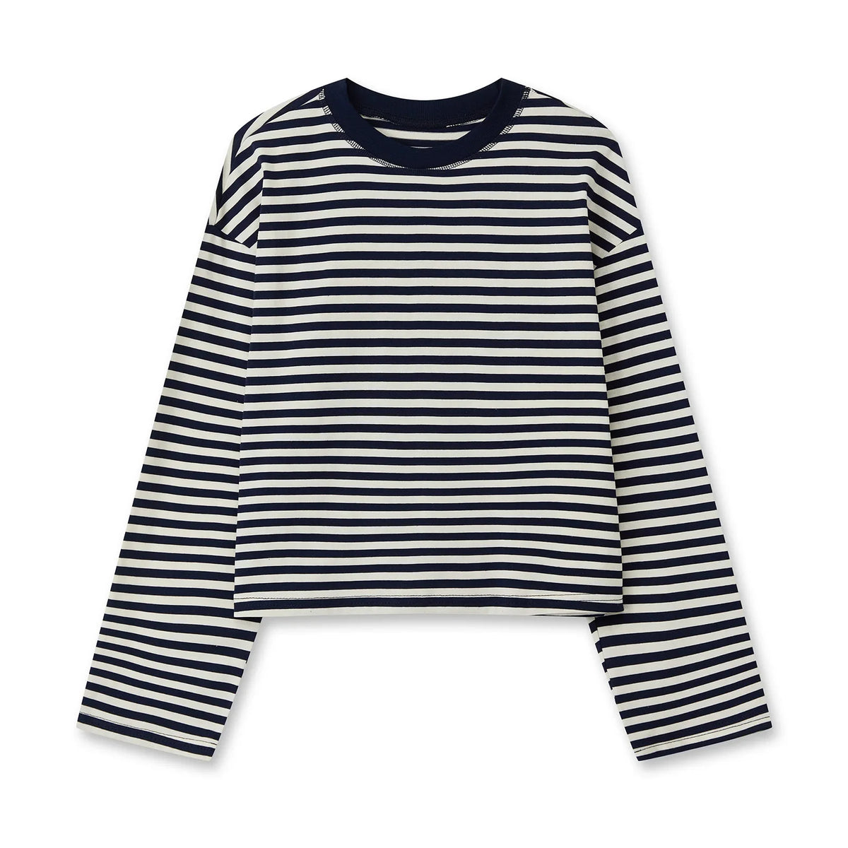 Haut rayé à manches longues pour femmes, col rond, crop top