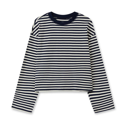 Haut rayé à manches longues pour femmes, col rond, crop top