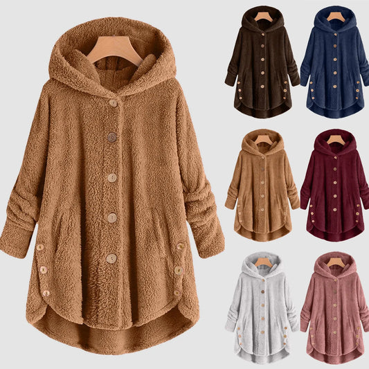 Mysig oversize-huva med teddyfleece för damer, kappa med träknappar och hög fåll