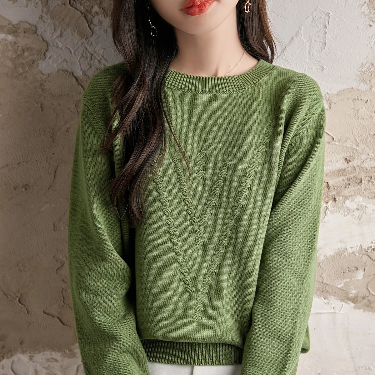 Damen Strickpullover Rundhals mit V-Muster Langarm