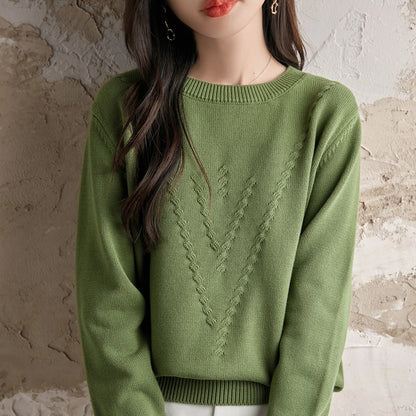 Damen Strickpullover Rundhals mit V-Muster Langarm
