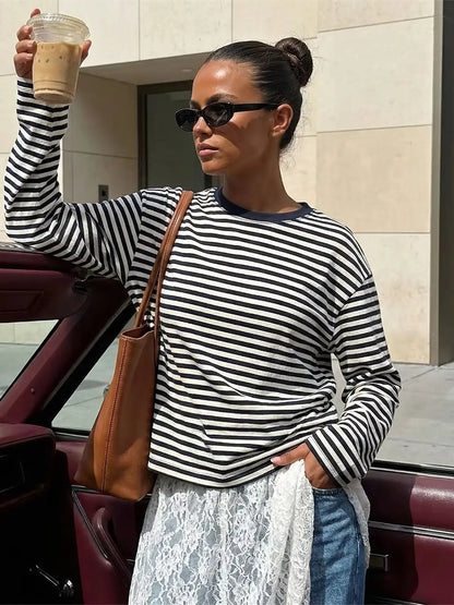 Haut rayé à manches longues pour femmes, col rond, crop top