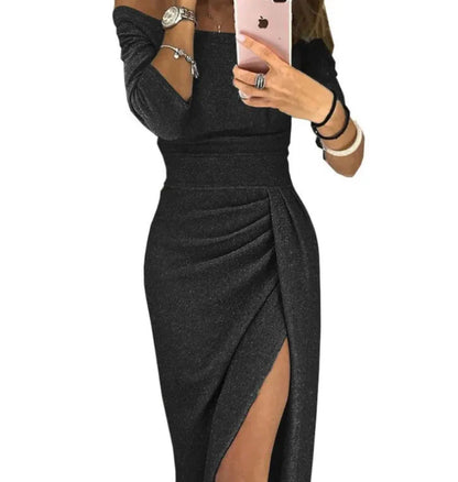 Dame off-shoulder aftenkjole Elegant med høy splitt – Figursydd cocktailkjole for spesielle anledninger