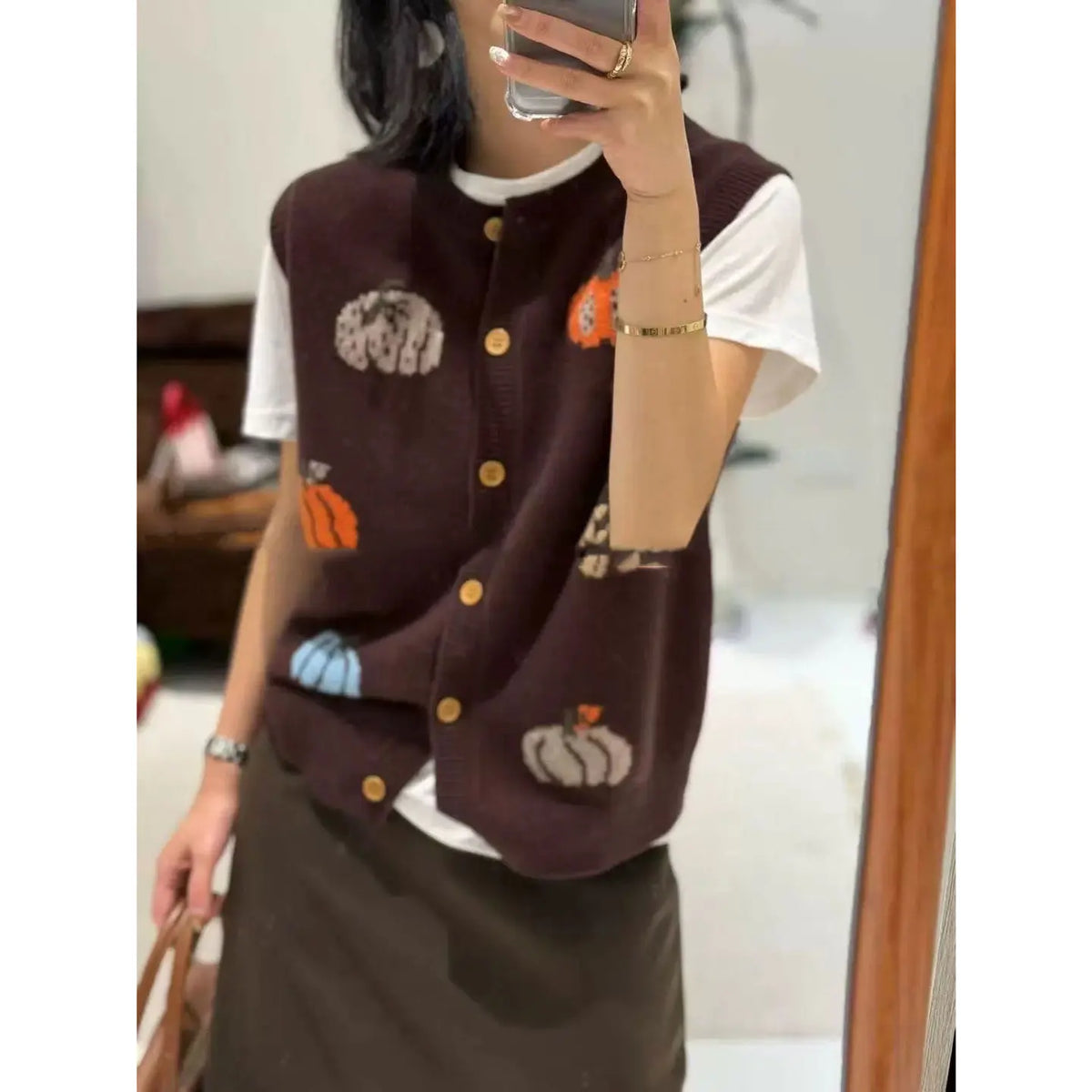 Damen Strickweste mit Kürbis-Motiven, ärmelloser Cardigan mit Knöpfen