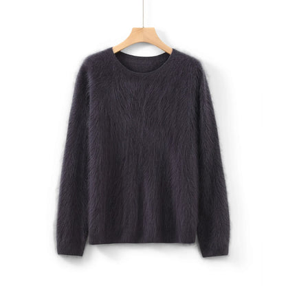 Damen Flauschiger Pullover Rundhalsausschnitt Langarm