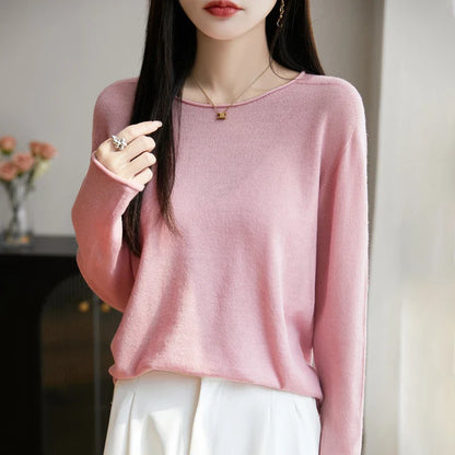Suéter de manga larga para mujer con cuello redondo, tejido fino y diseño básico