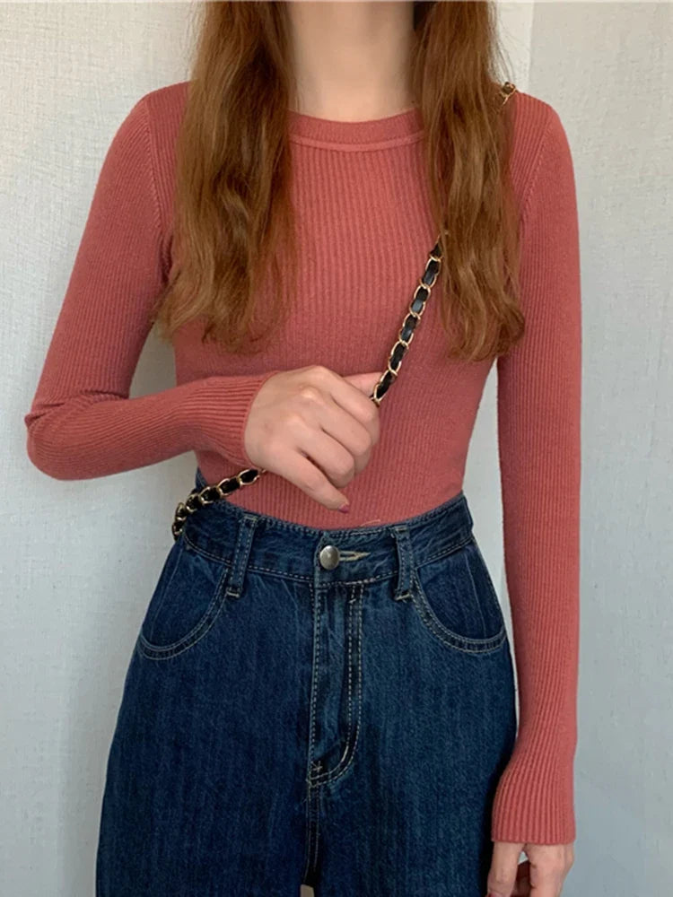 Pullover a maniche lunghe da donna, a coste, girocollo, top in vari colori