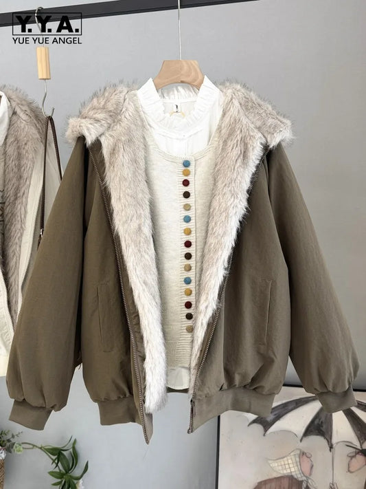 Damen Bomberjacke mit Kapuze und Kunstfellfutter