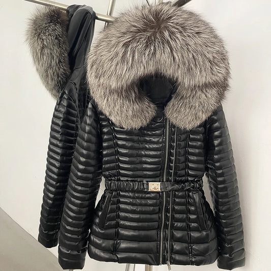 Damen Steppjacke mit Kunstpelzkragen und Bindegürtel Schwarz