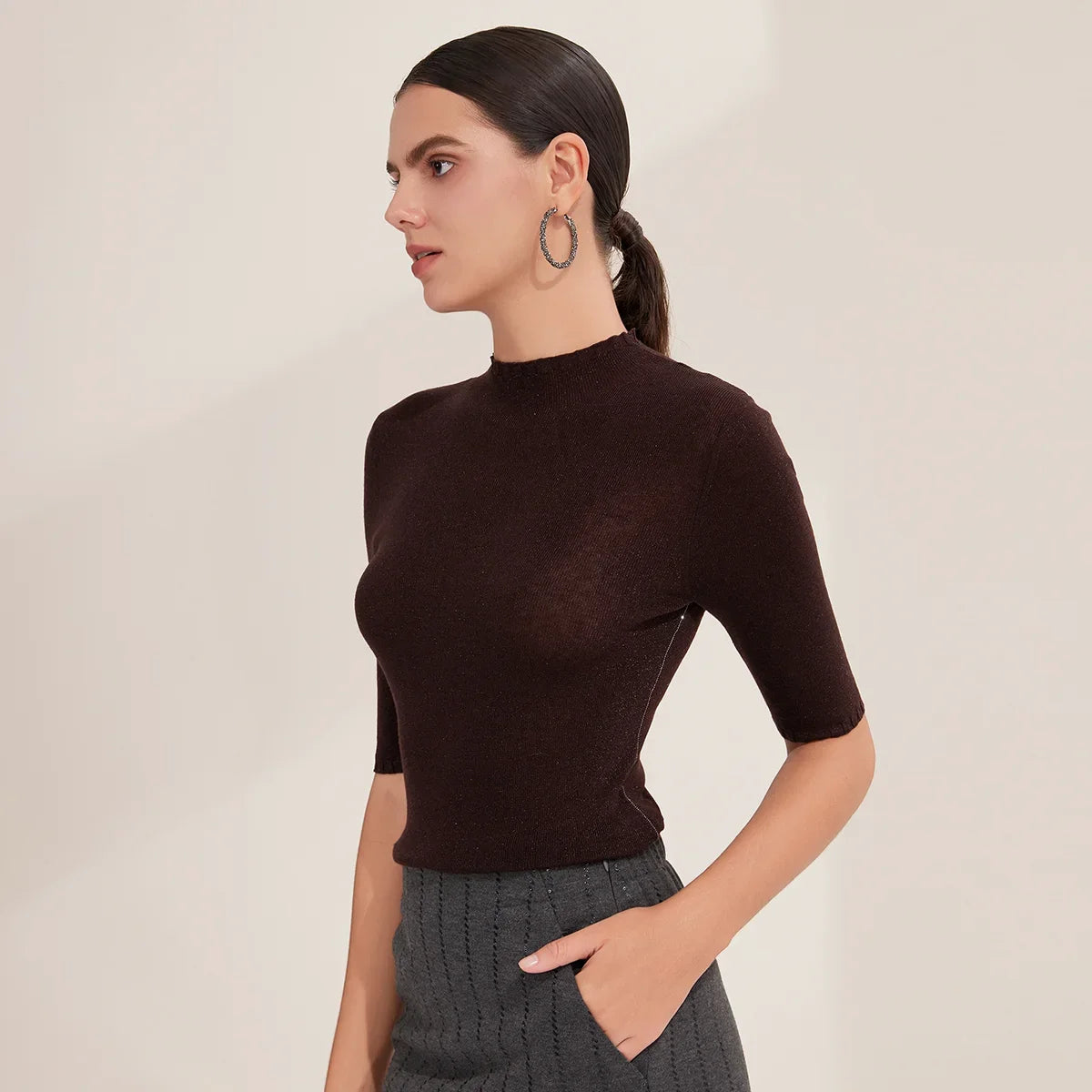 Damen Stricktop Halbarm Stehkragen Feinstrick Schimmer-Optik