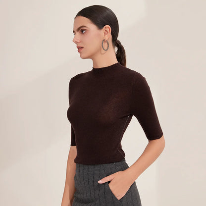 Damen Stricktop Halbarm Stehkragen Feinstrick Schimmer-Optik