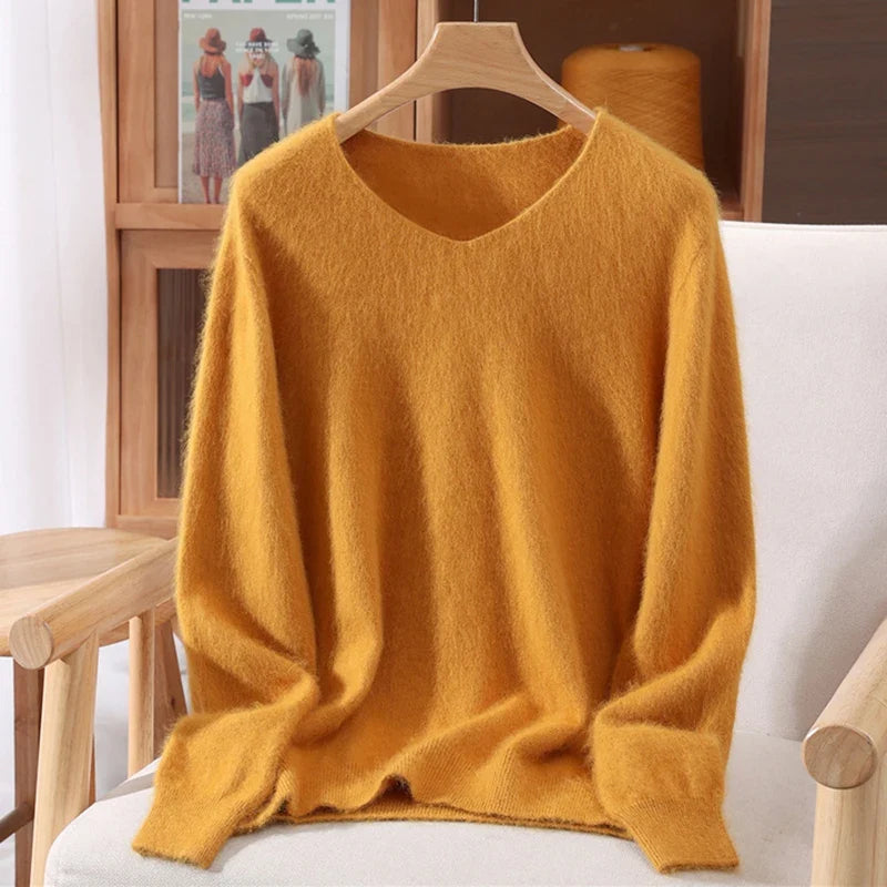 Jersey de cuello en V para mujer, suave, texturizado y de color liso