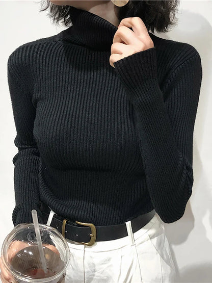 Damen Rollkragenpullover Rippstrick Slim Fit Langarmshirt