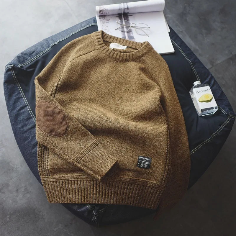 Herren Rundhals Pullover Strickpullover mit Ellenbogen-Patches