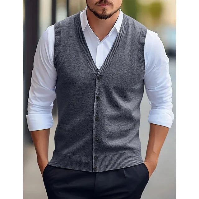 Gilet da uomo lavorato a maglia, con scollo a V, abbottonatura, grigio scuro e senza maniche