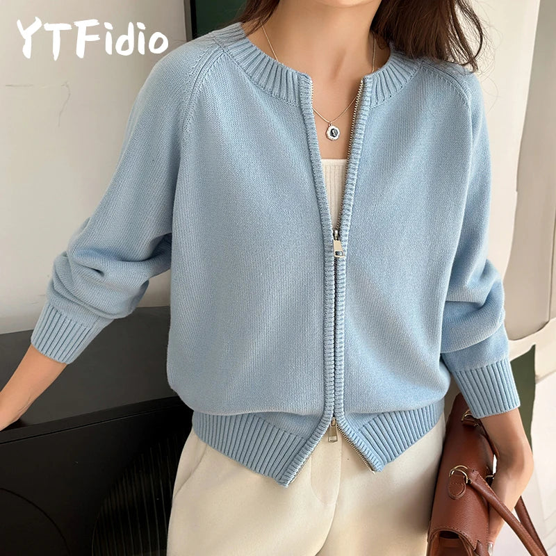 Gilet en maille pour femme avec fermeture éclair, col rond et manches longues