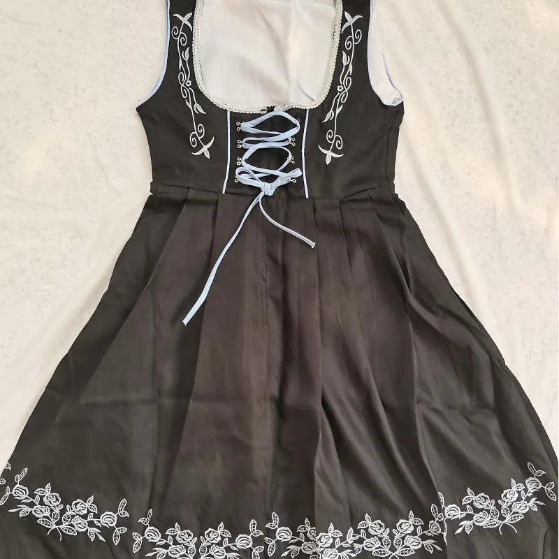 Robe traditionnelle dirndl pour femme avec tablier et blouse, noir et bleu avec broderies