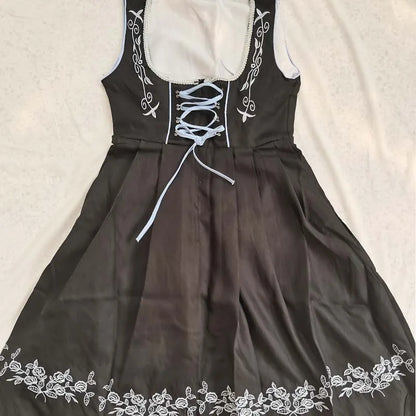 Robe traditionnelle dirndl pour femme avec tablier et blouse, noir et bleu avec broderies