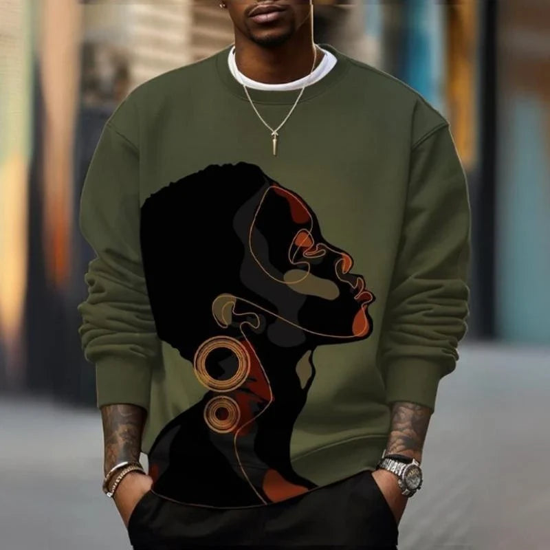 Unisex Sweatshirt mit Afrikakarten- und Augen-Print, Rundhals, Langarm