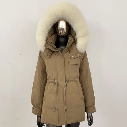 Damen Winter Steppjacke mit Fellkapuze & Taillenzug Beige