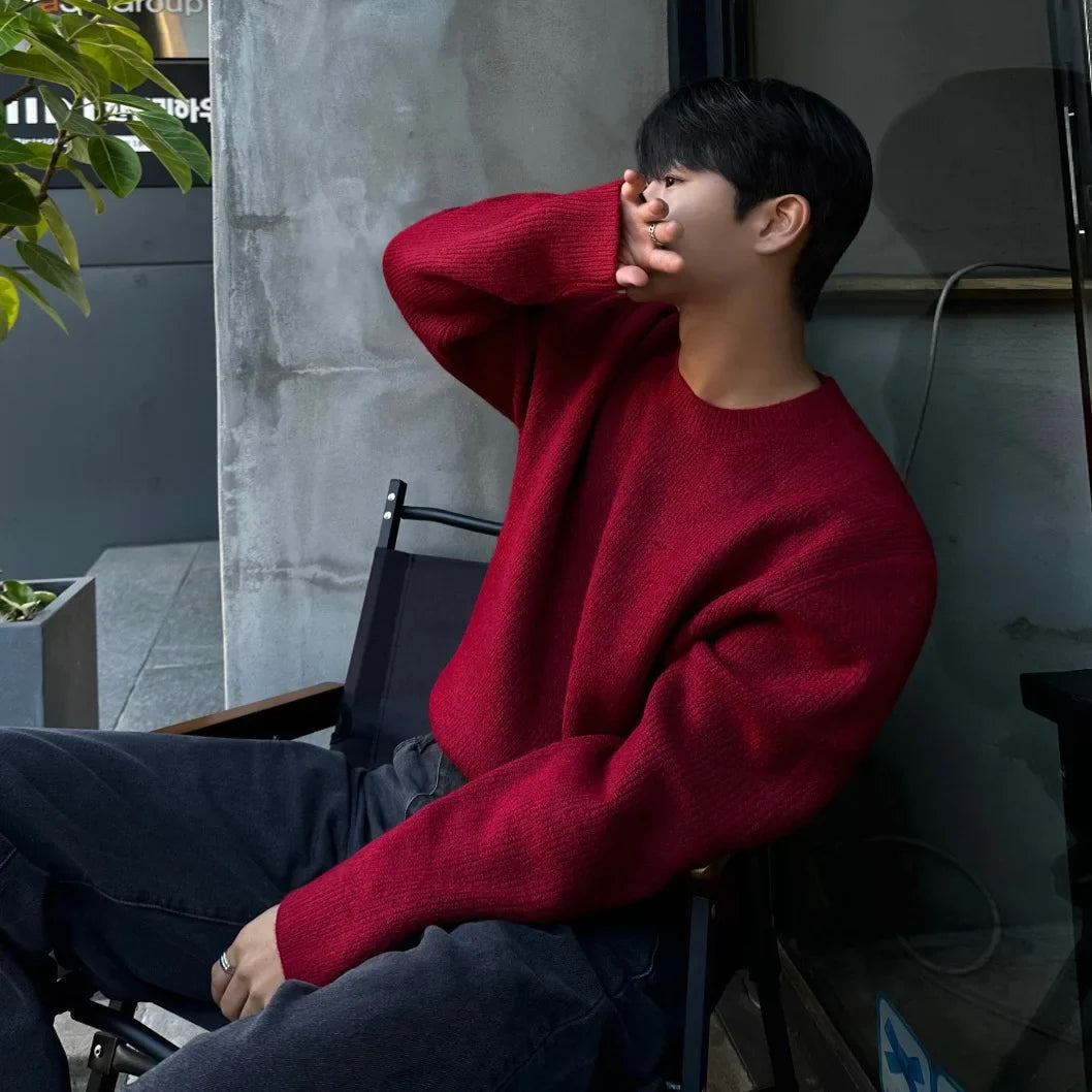 Herren Rundhals-Pullover aus Strickware, Rot oder Hellgrau