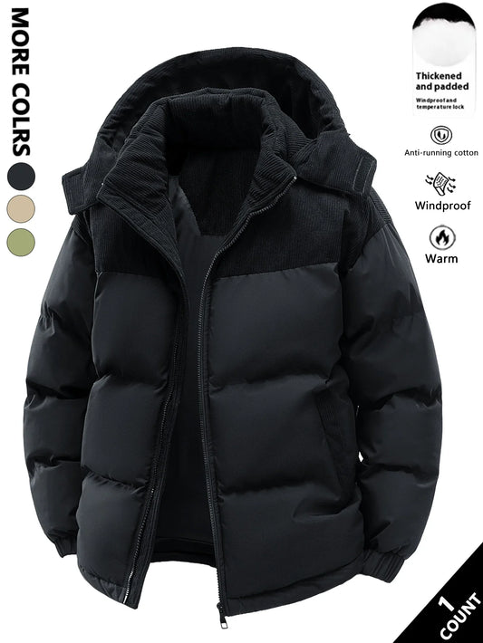 Veste d’hiver matelassée à capuche pour homme - Doudoune chaude avec détails en velours côtelé