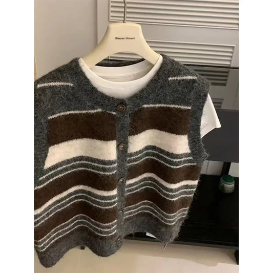 Gestreifte Strickweste Dunkelgrau Braun Weiß ärmellos Rundhals