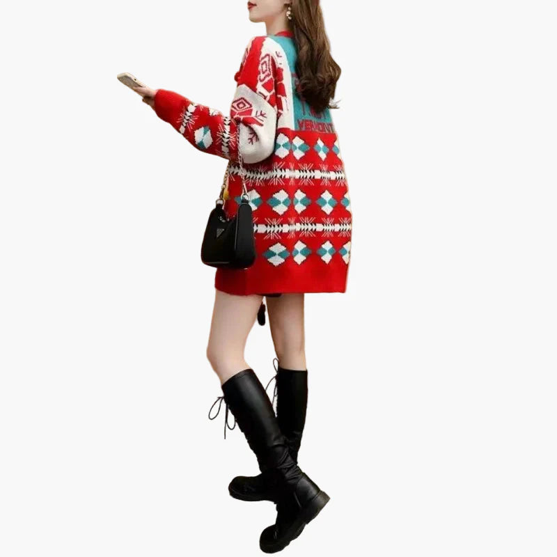 Dame Grim Juletrøjekjole – Sjov jule-sweater med 3D snemandsmotiv