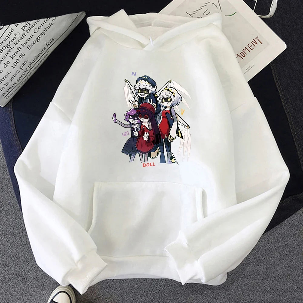 Sudadera unisex con capucha, estampado de personajes y bolsillo canguro