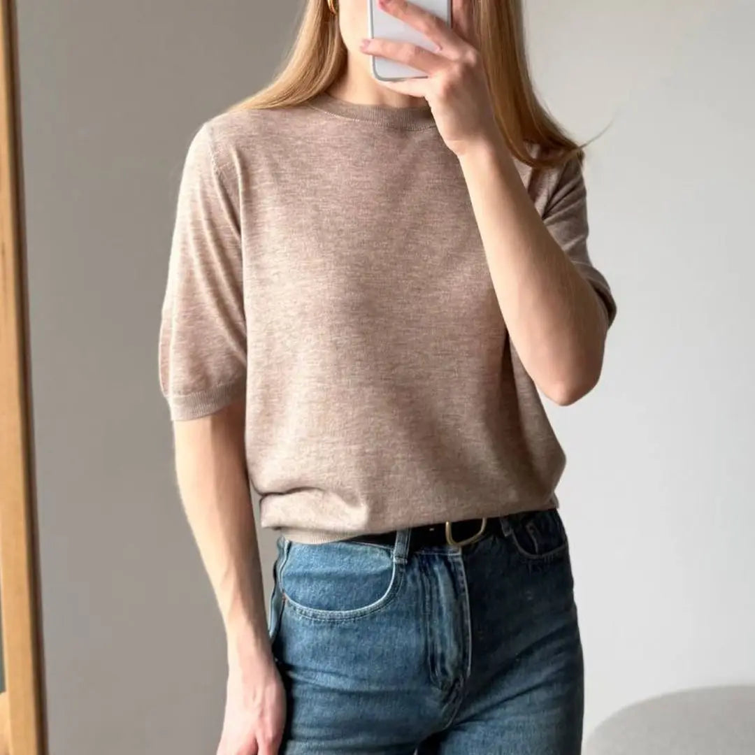 Damen Kurzarm Strickpullover Rundhals Rippbündchen