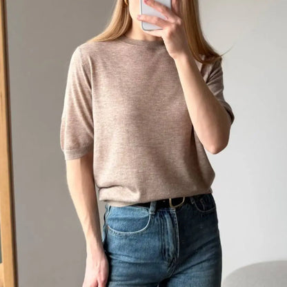 Damen Kurzarm Strickpullover Rundhals Rippbündchen