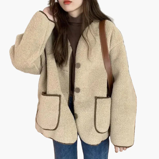 Dames Oversized Teddyjas met Knopen en Grote Zakjes – Casual Streetstyle voor Herfst en Winter