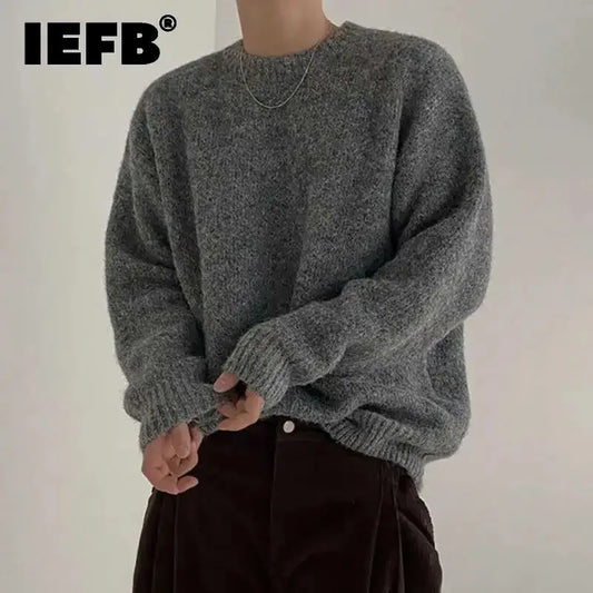Herren Grobstrick Pullover Grau Rundhalsausschnitt Langarm Strickpullover